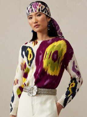 Ralph Lauren Collection Purple Label Ikat Printed Cotton Crewneck Sweater Large